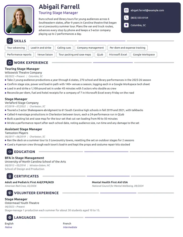 Touring Stage Manager resume example