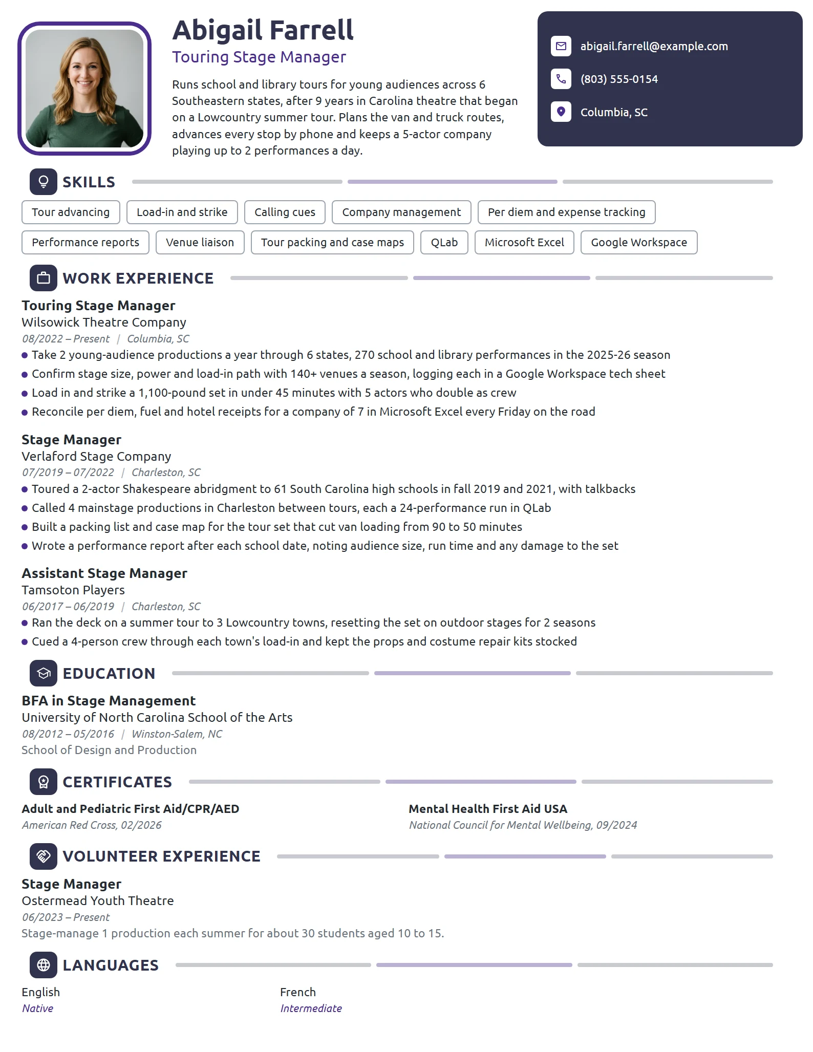 Touring Stage Manager resume example