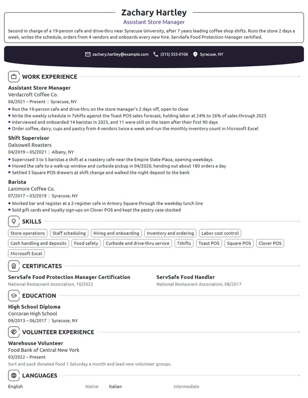 Starbucks Assistant Store Manager resume example
