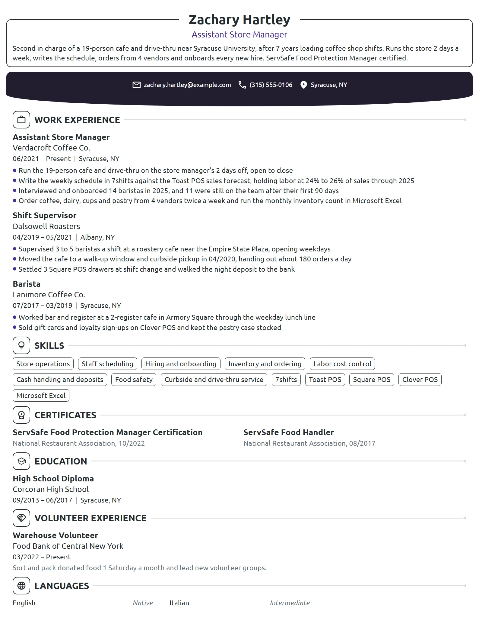 Starbucks Assistant Store Manager resume example