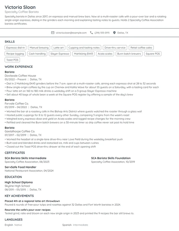 Starbucks Barista resume example