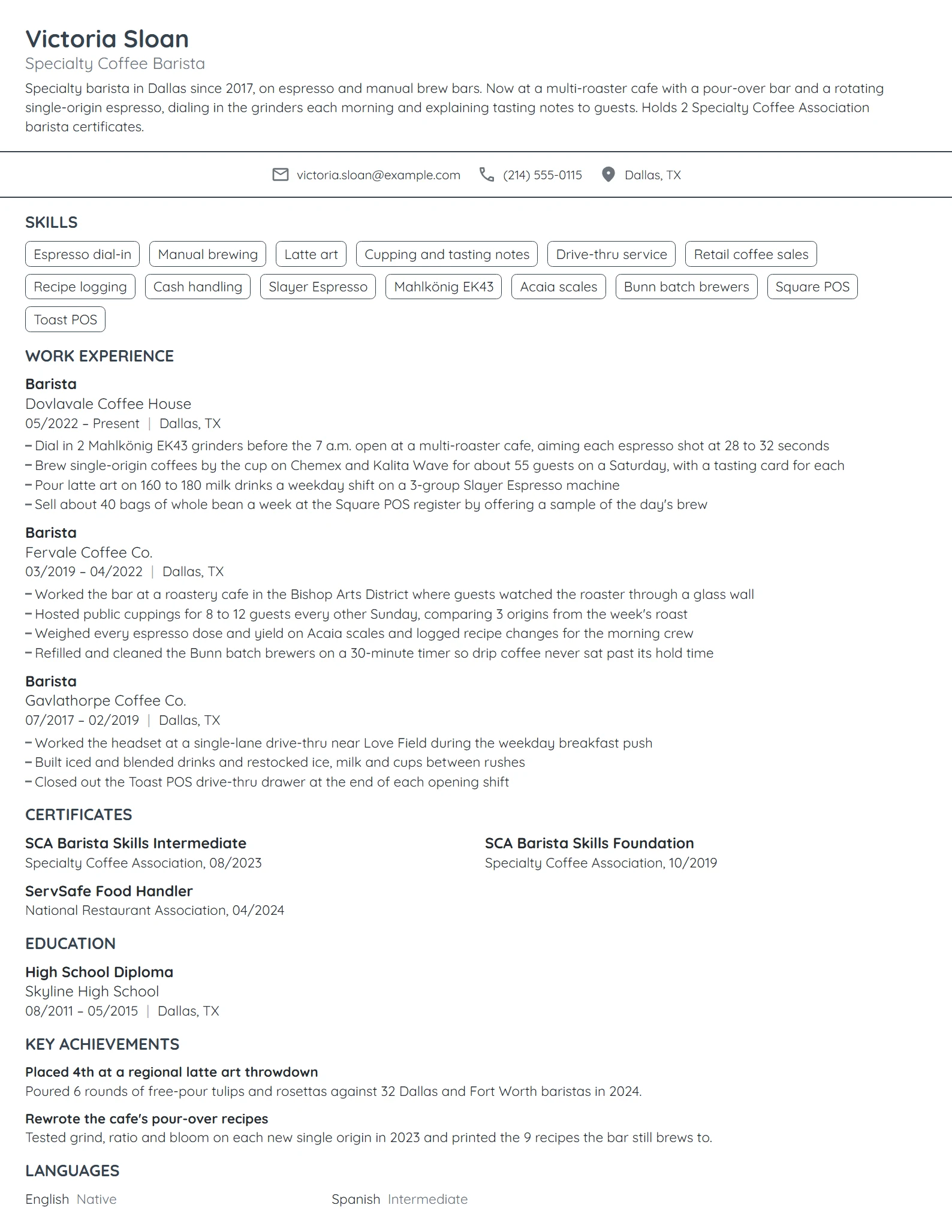 Starbucks Barista resume example