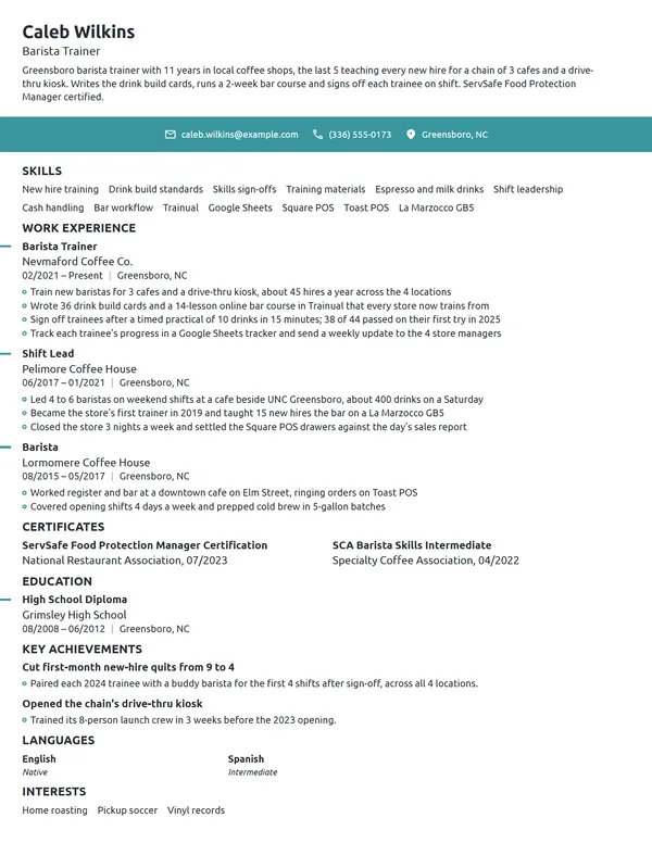Starbucks Barista Trainer resume example