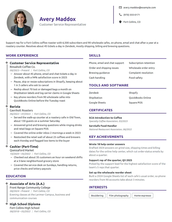 Starbucks Customer Service Representative resume example