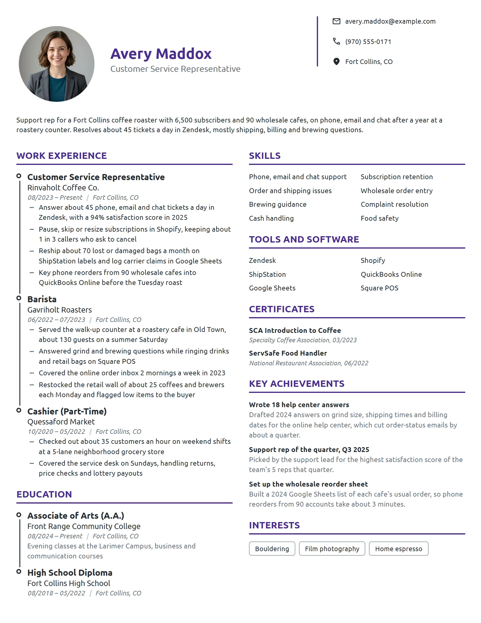 Starbucks Customer Service Representative resume example
