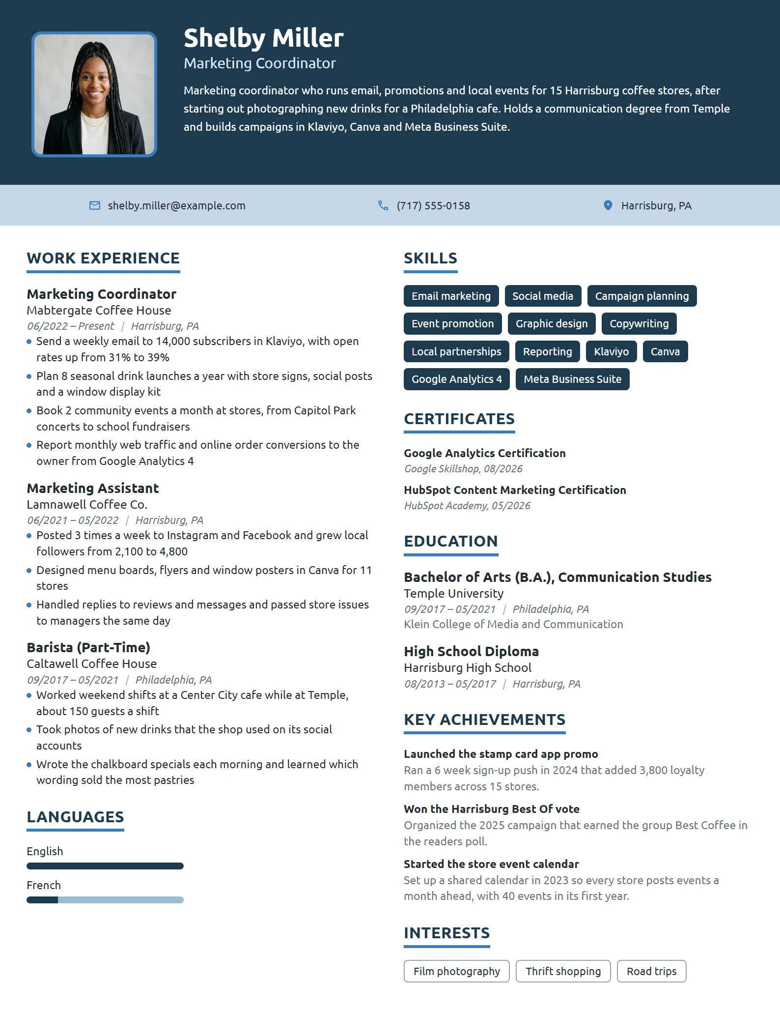 Starbucks Marketing Coordinator resume example