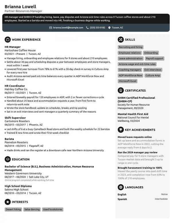 Starbucks Partner Resources Manager resume example