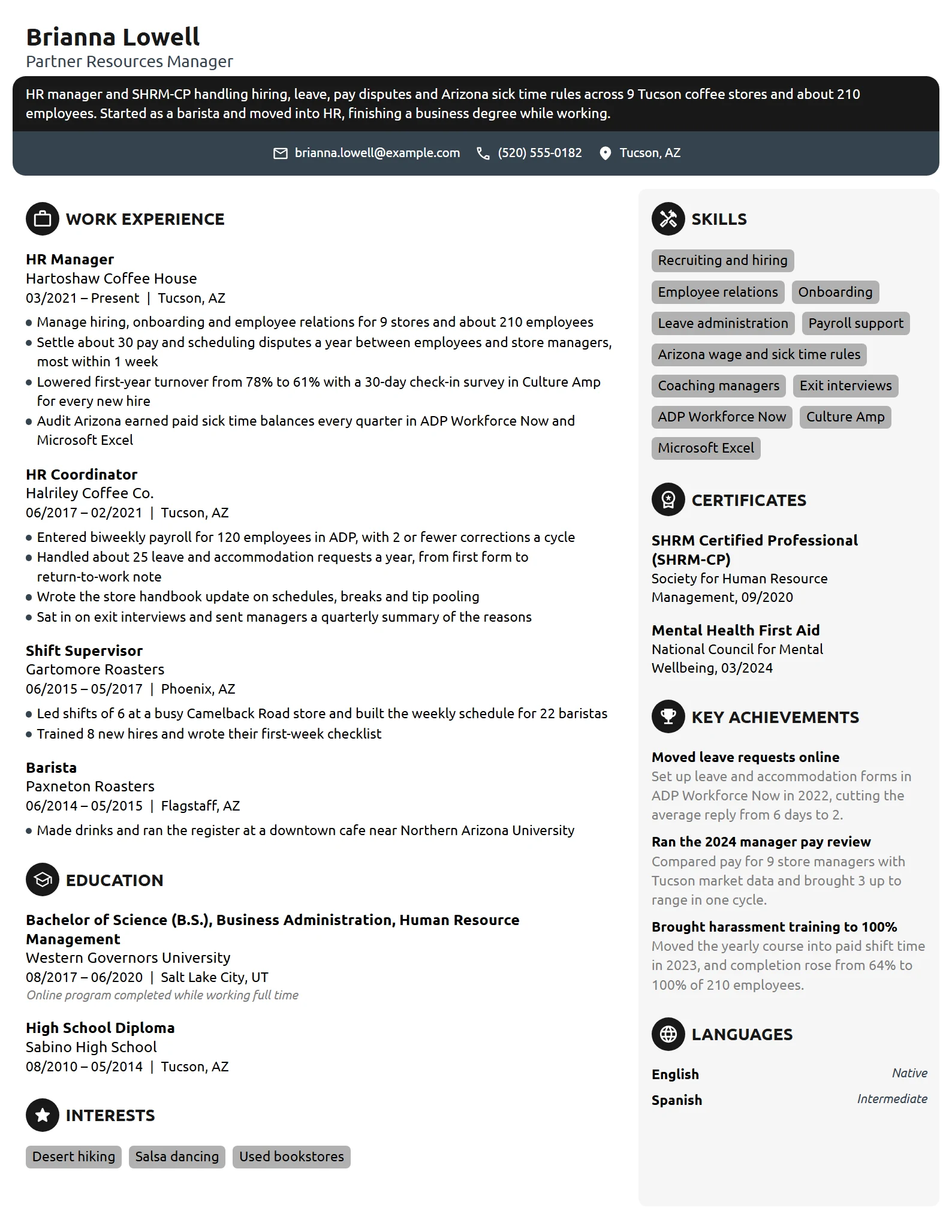 Starbucks Partner Resources Manager resume example
