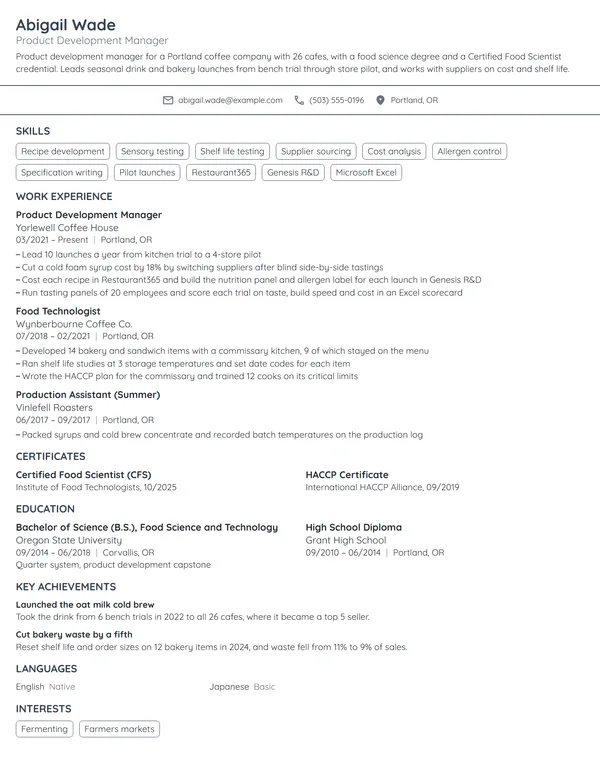 Starbucks Product Development Manager resume example