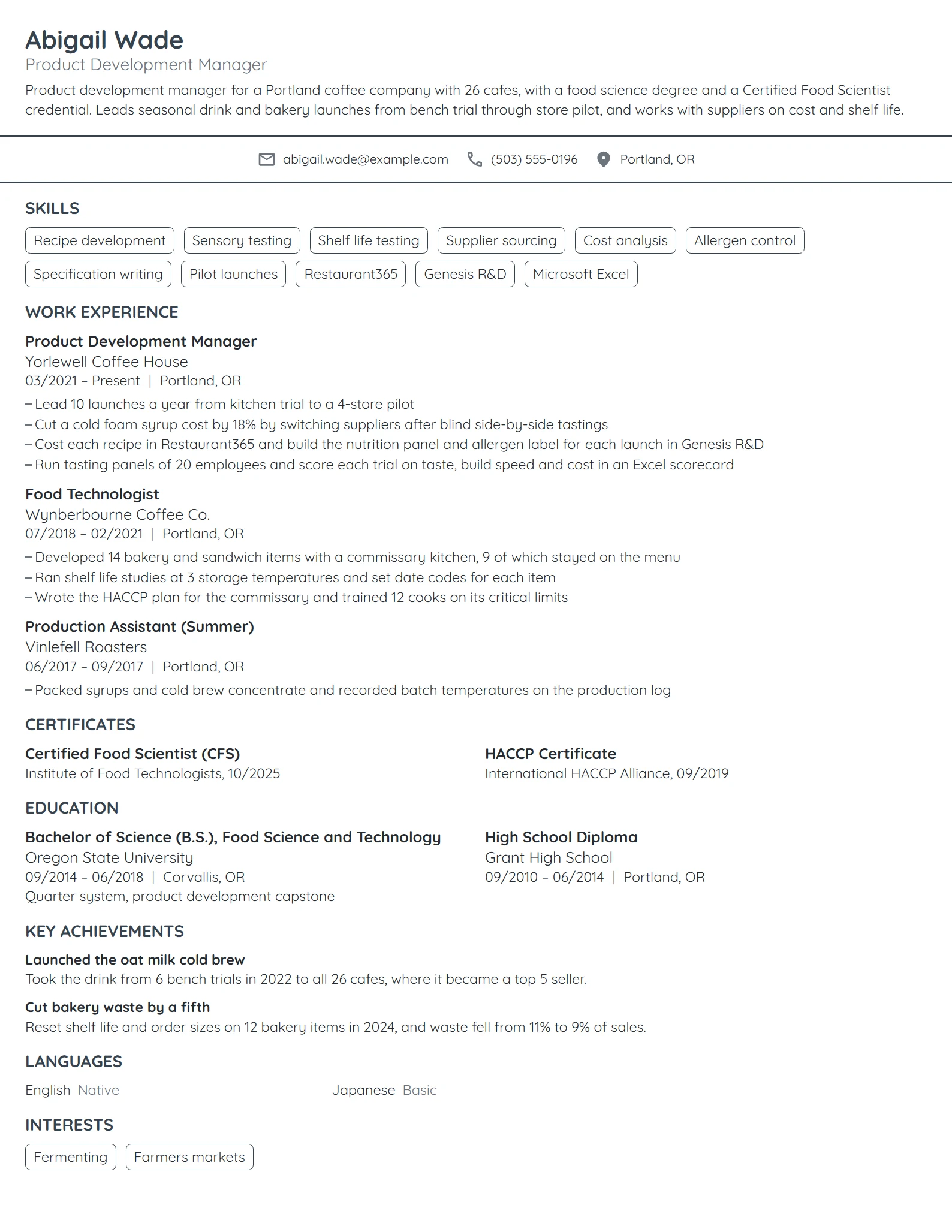 Starbucks Product Development Manager resume example