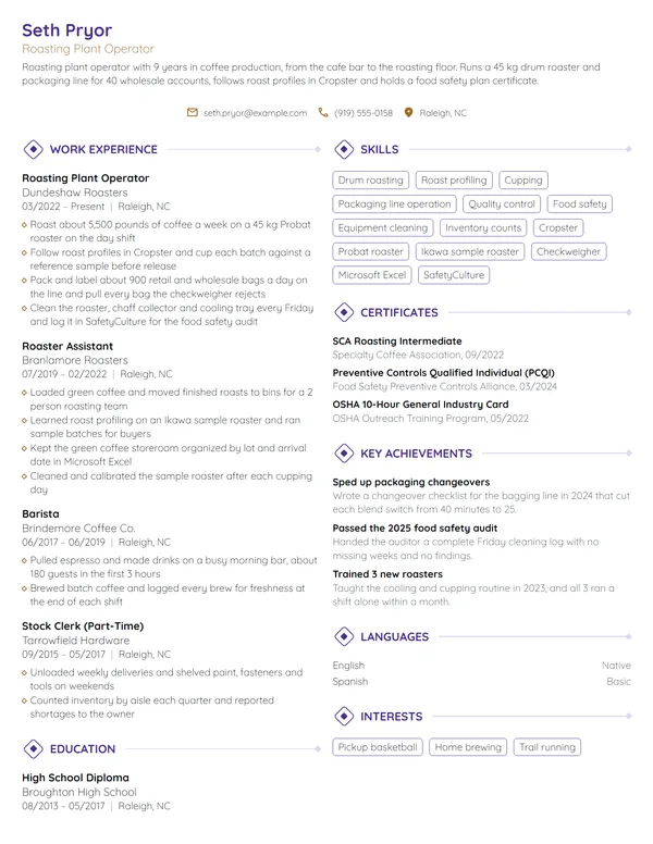 Starbucks Roasting Plant Operator resume example