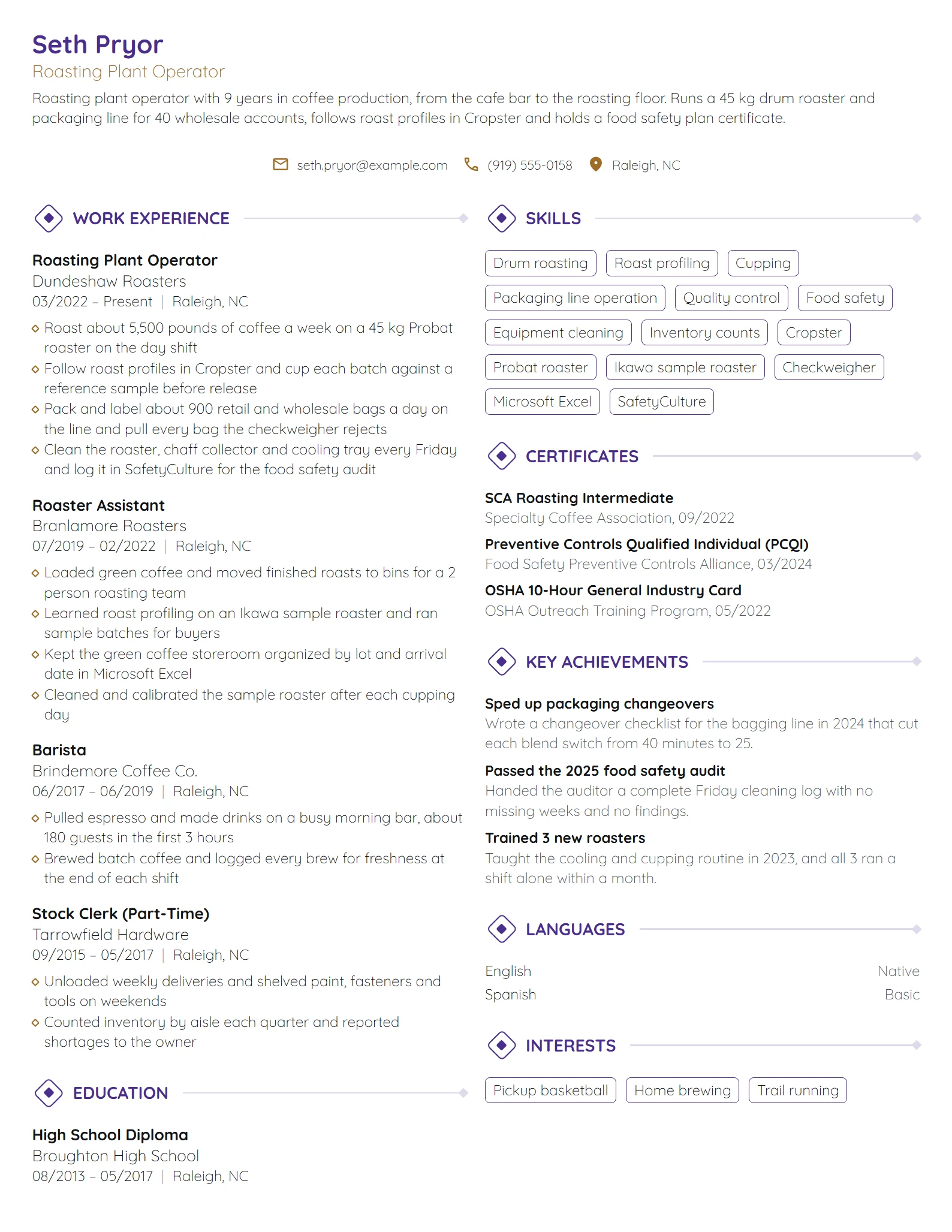 Starbucks Roasting Plant Operator resume example