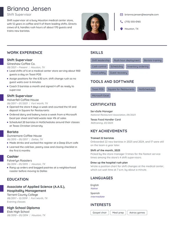 Starbucks Shift Supervisor resume example