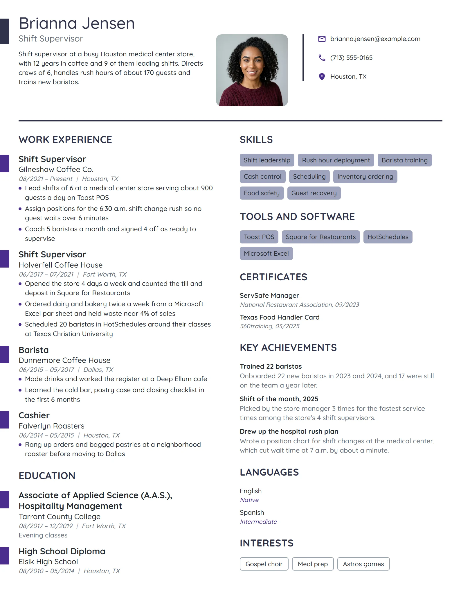 Starbucks Shift Supervisor resume example