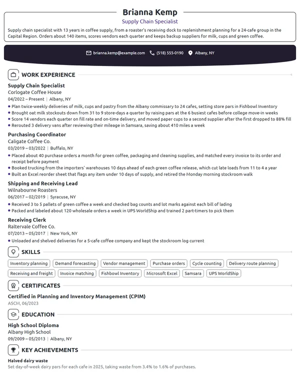 Starbucks Supply Chain Specialist resume example