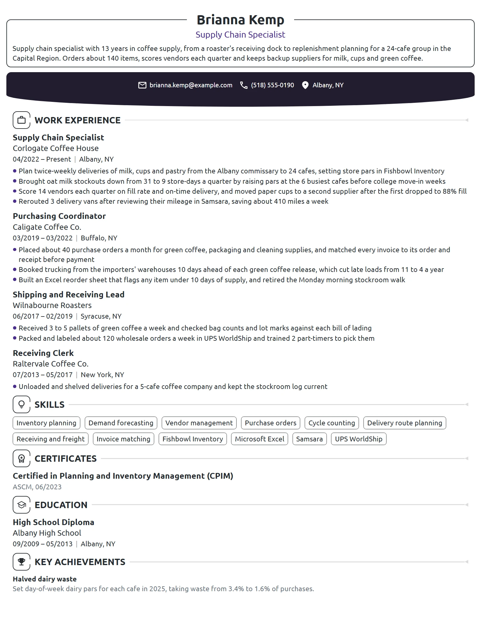 Starbucks Supply Chain Specialist resume example