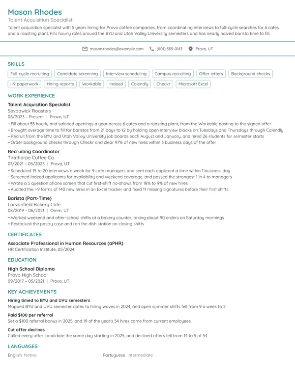 Starbucks Talent Acquisition Specialist resume example