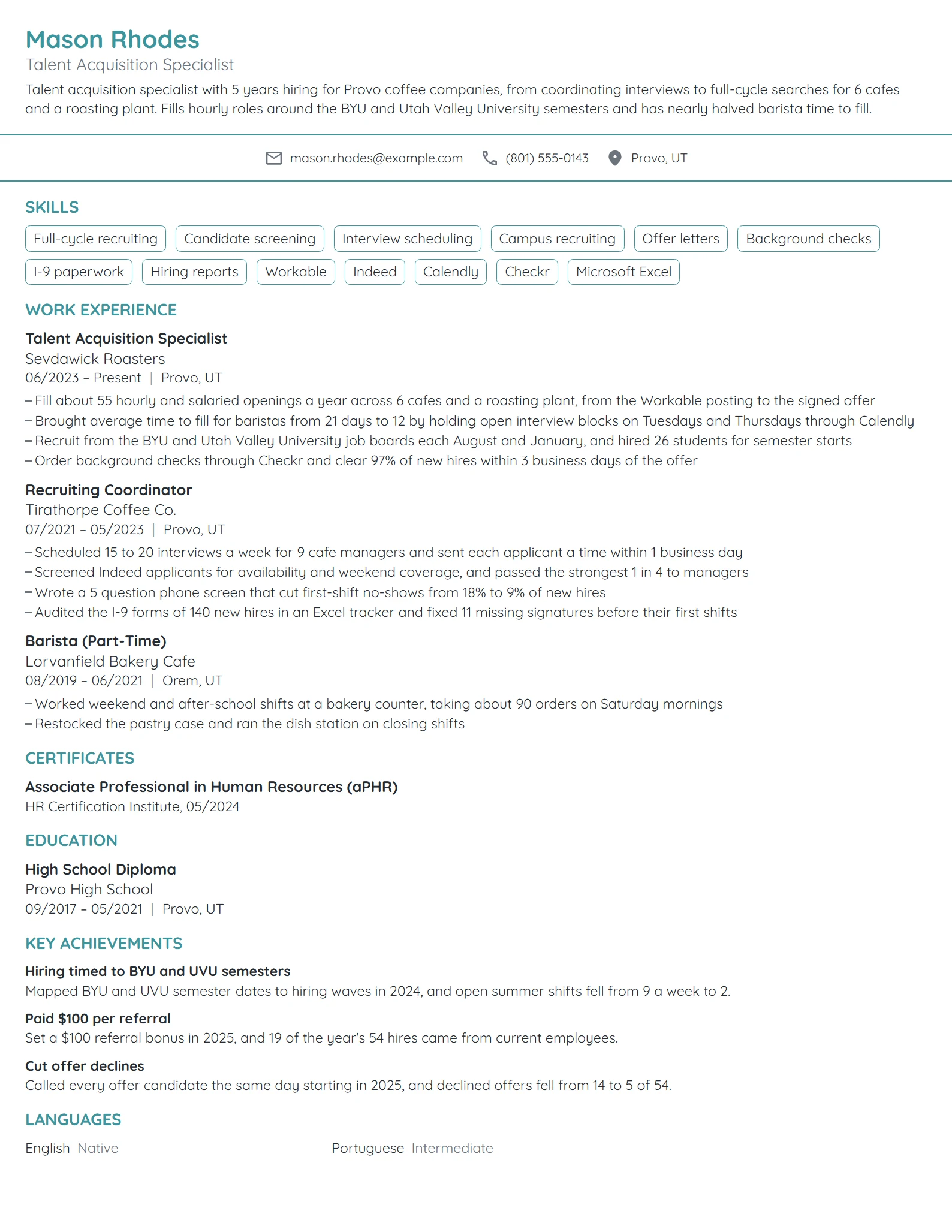 Starbucks Talent Acquisition Specialist resume example