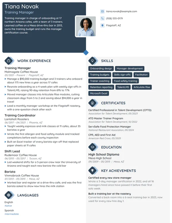 Starbucks Training Manager resume example