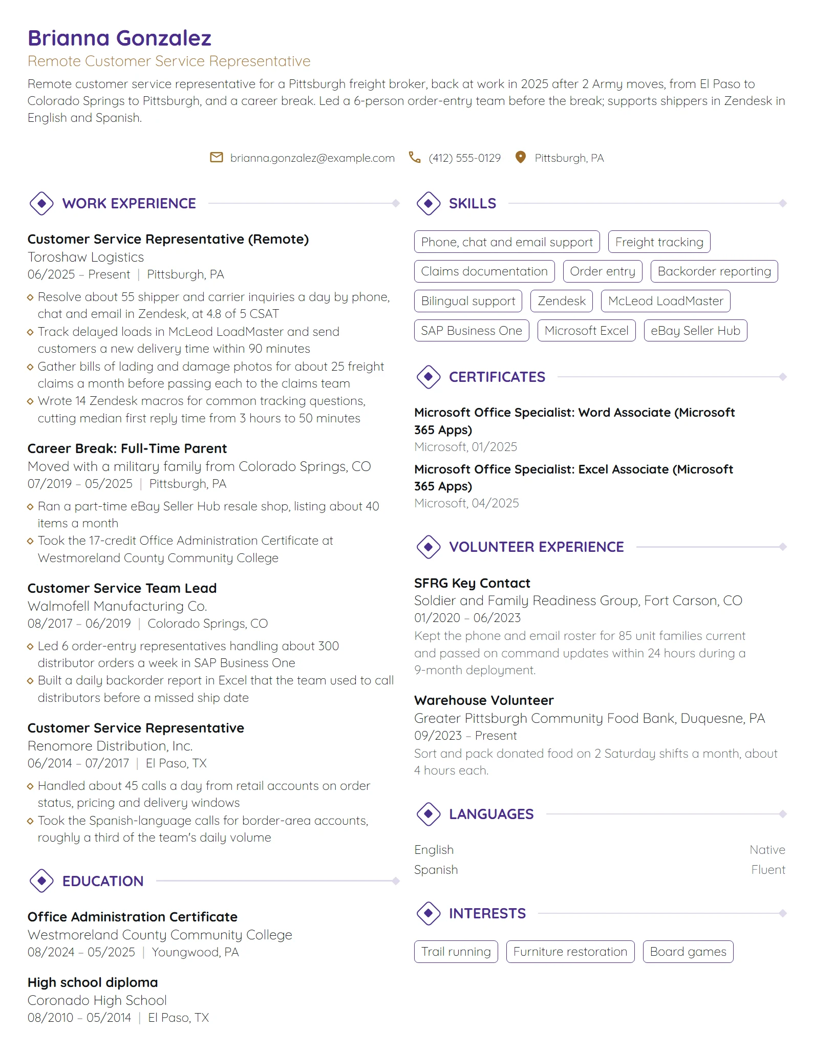 Military Spouse Stay-at-Home Mom resume example