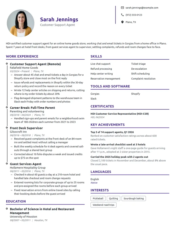 Stay-at-Home Mom Customer Support Agent resume example