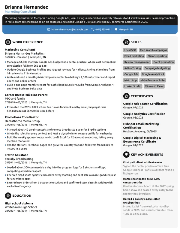 Stay-at-Home Mom Marketing Consultant resume example