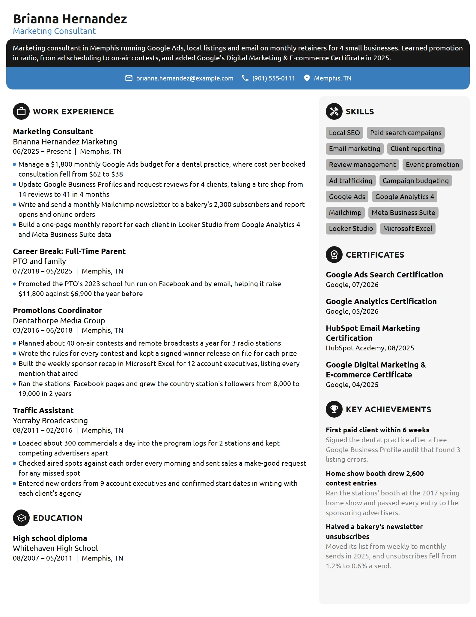 Stay-at-Home Mom Marketing Consultant resume example