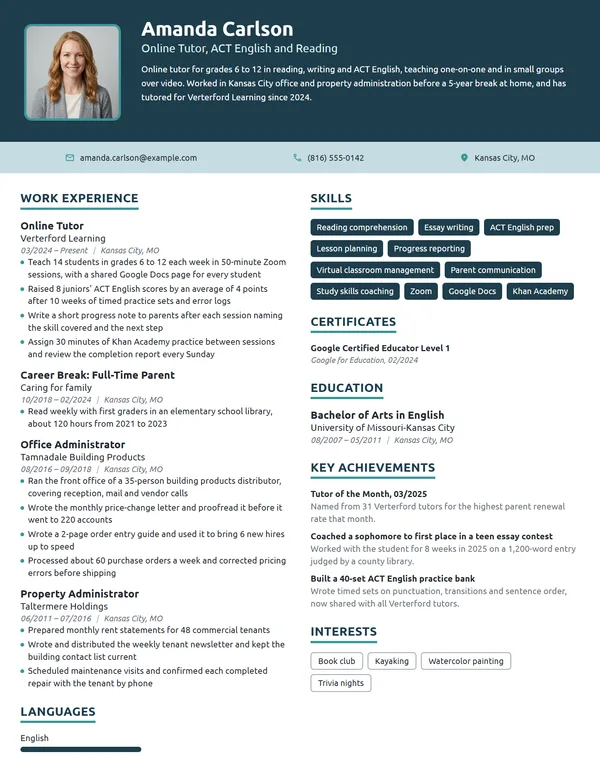 Stay-at-Home Mom Online Tutor resume example