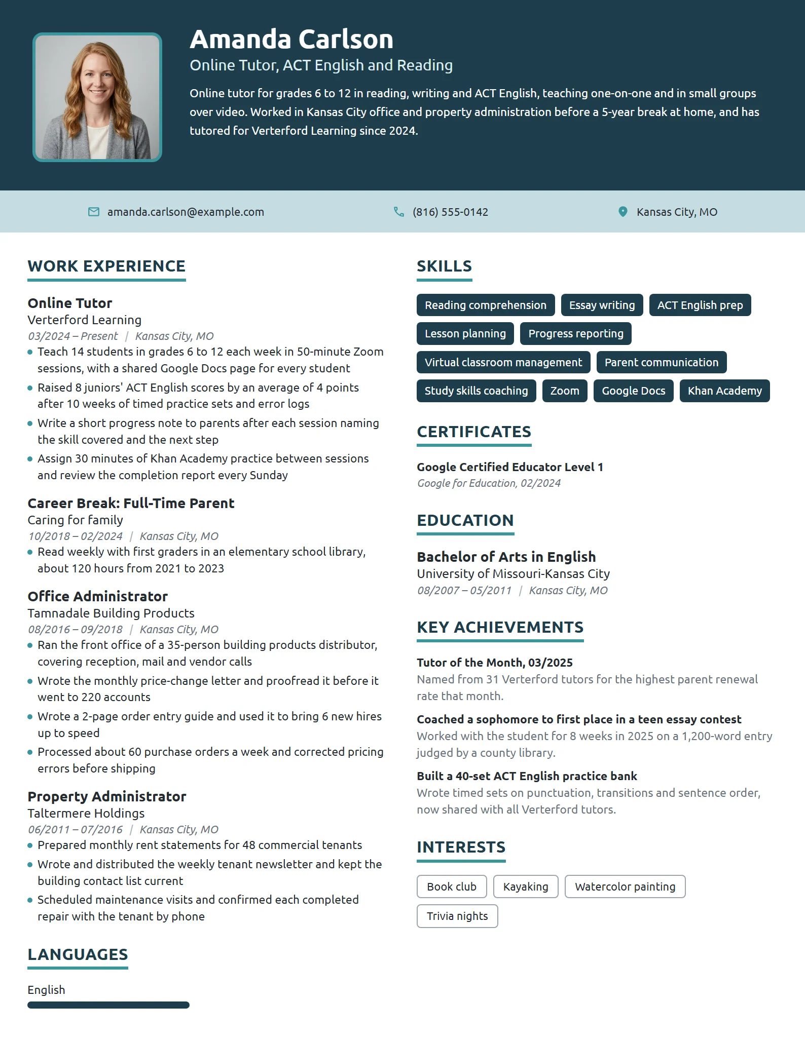 Stay-at-Home Mom Online Tutor resume example
