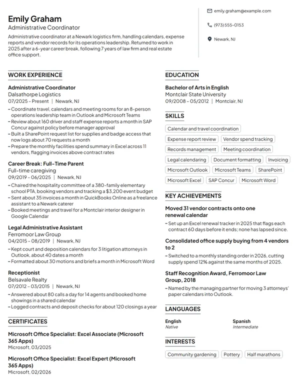 Stay-at-Home Mom Returning to Admin Work resume example