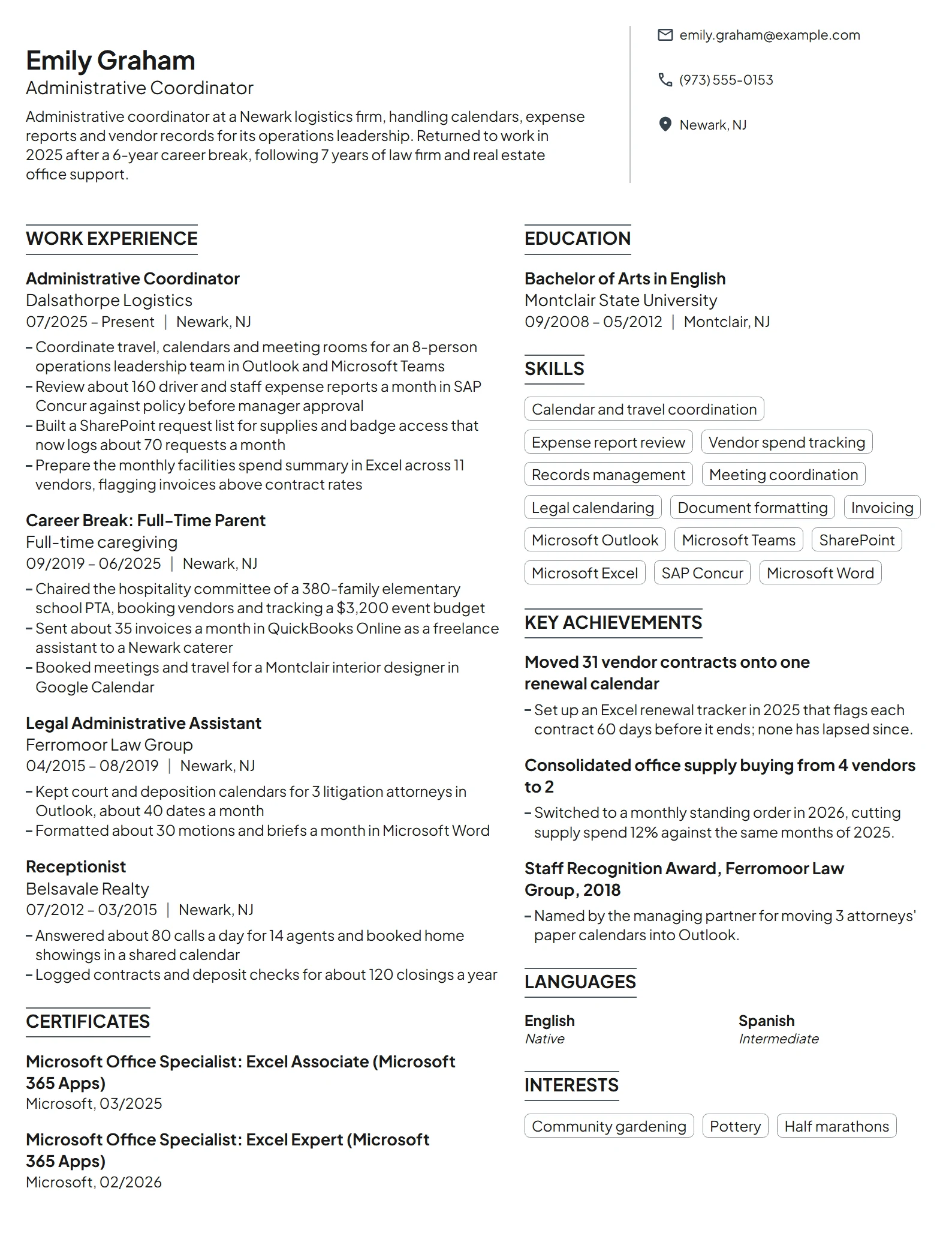 Stay-at-Home Mom Returning to Admin Work resume example