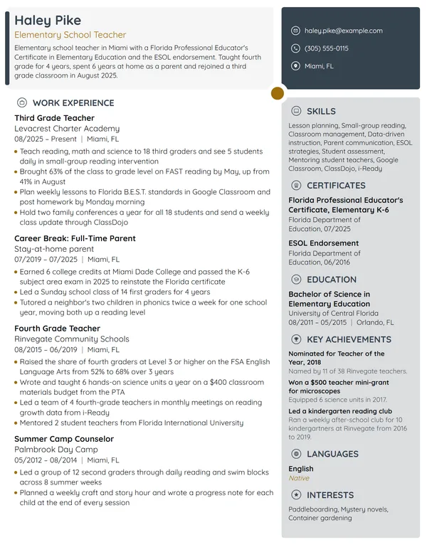 Stay-at-Home Mom Returning to Teaching resume example