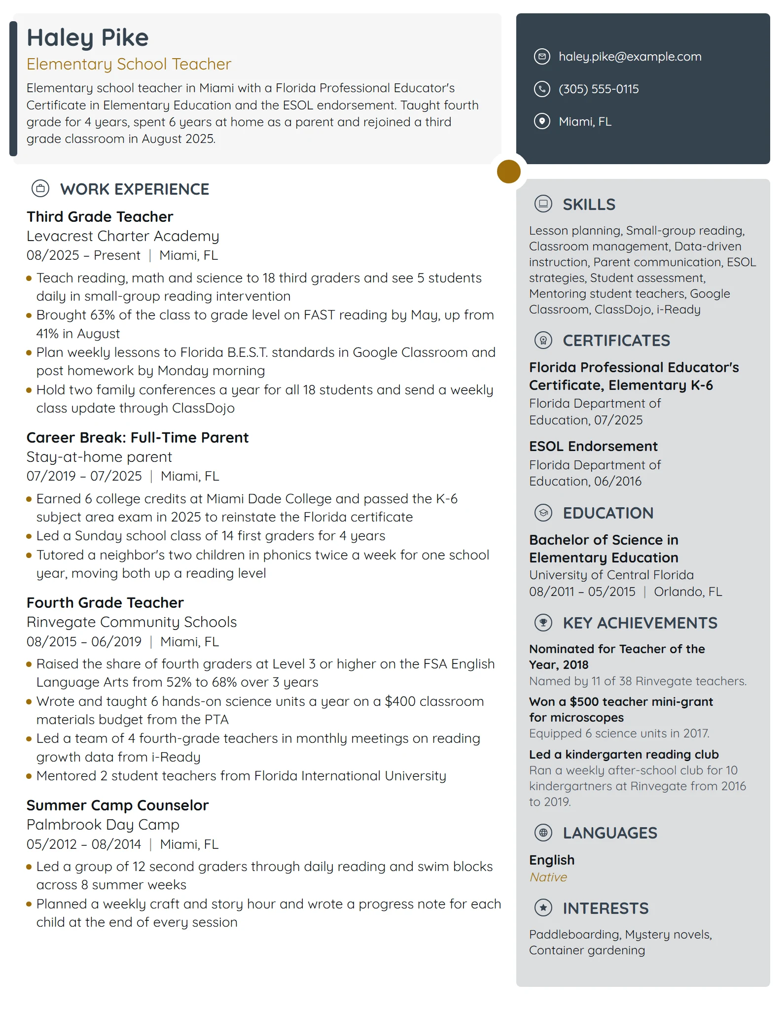 Stay-at-Home Mom Returning to Teaching resume example