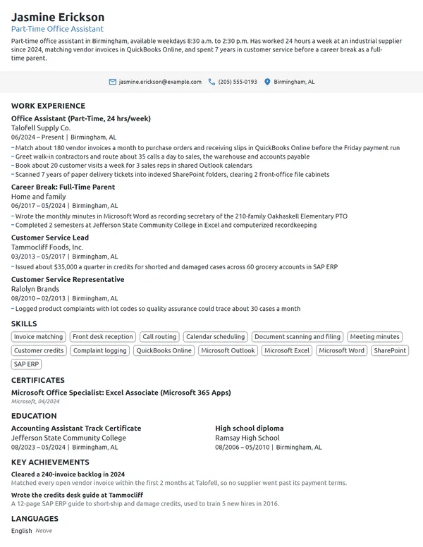 Stay-at-Home Mom Seeking Part-Time Work resume example
