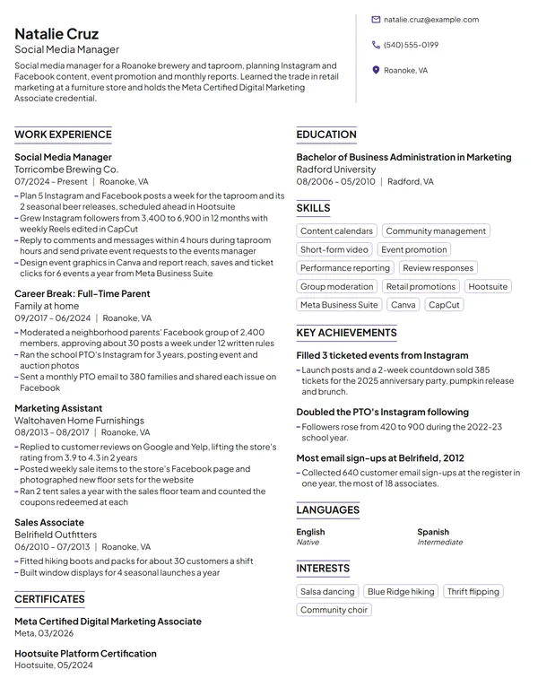 Stay-at-Home Mom Social Media Manager resume example
