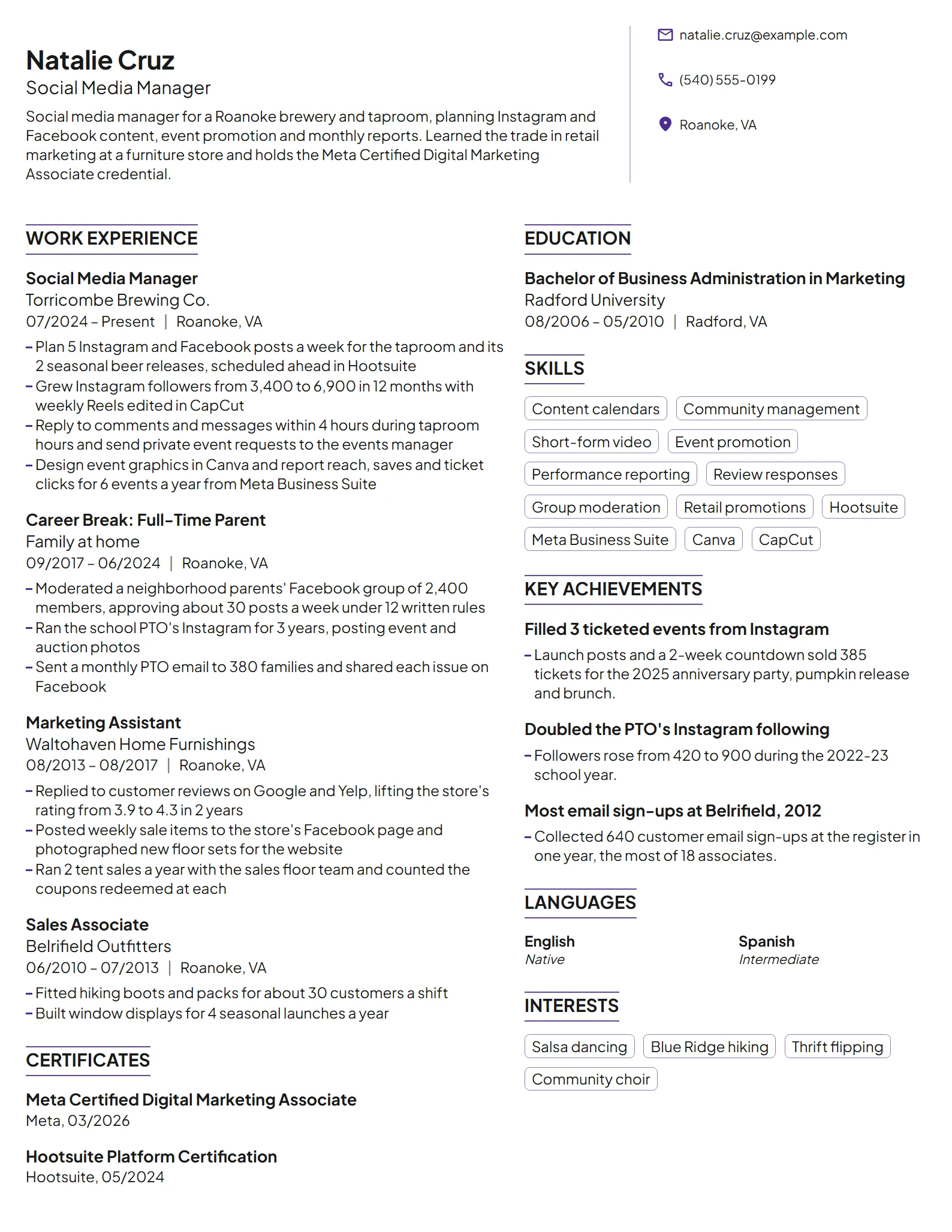 Stay-at-Home Mom Social Media Manager resume example