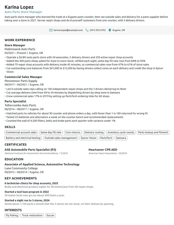 Auto Parts Store Manager resume example