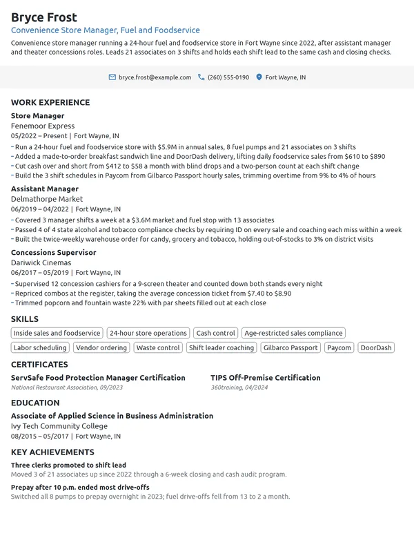 Convenience Store Manager resume example