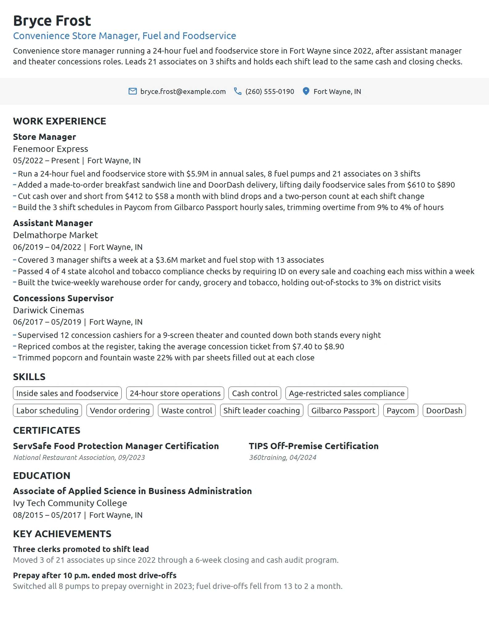 Convenience Store Manager resume example