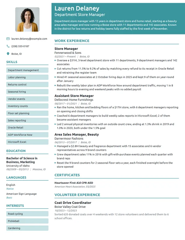 Department Store Manager resume example