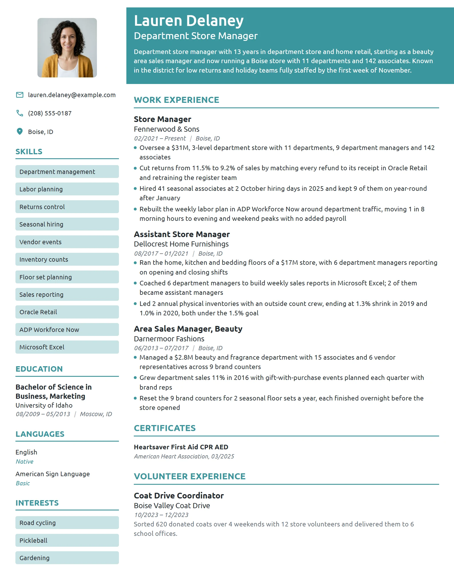 Department Store Manager resume example