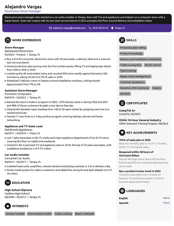 Electronics Store Manager resume example