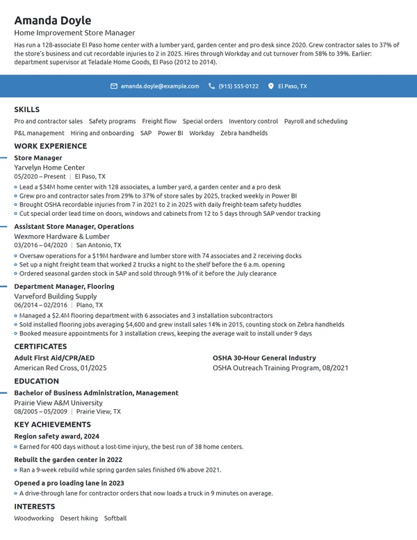 Home Improvement Store Manager resume example