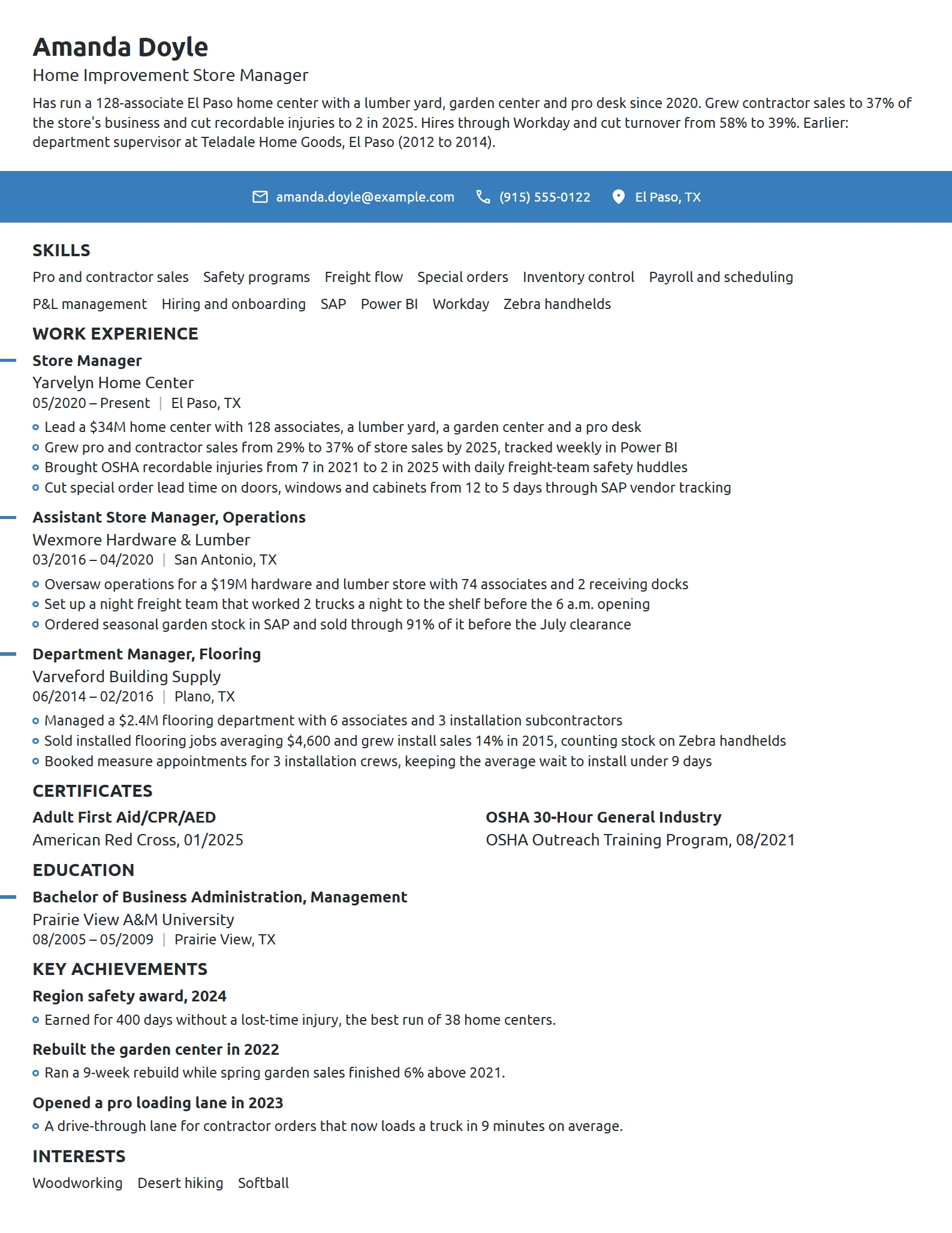 Home Improvement Store Manager resume example