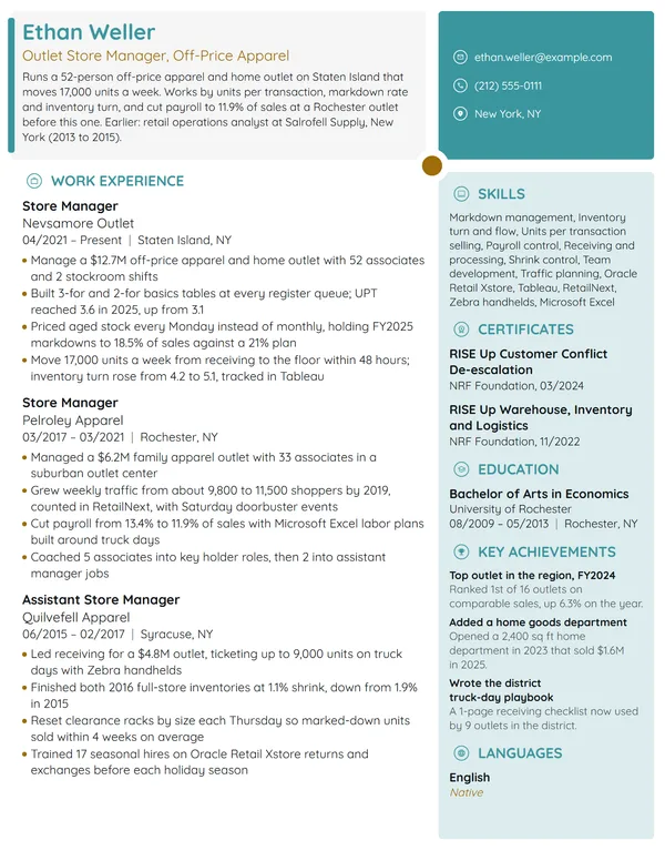 Outlet Store Manager resume example