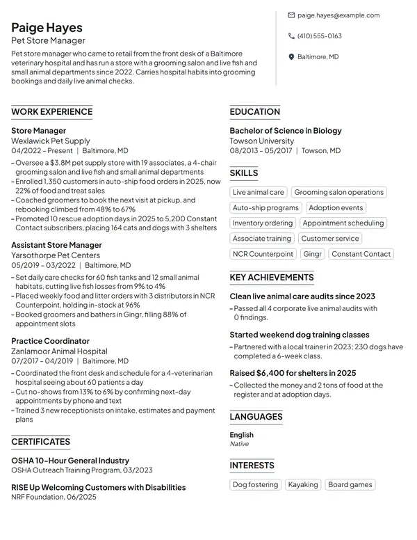 Pet Store Manager resume example