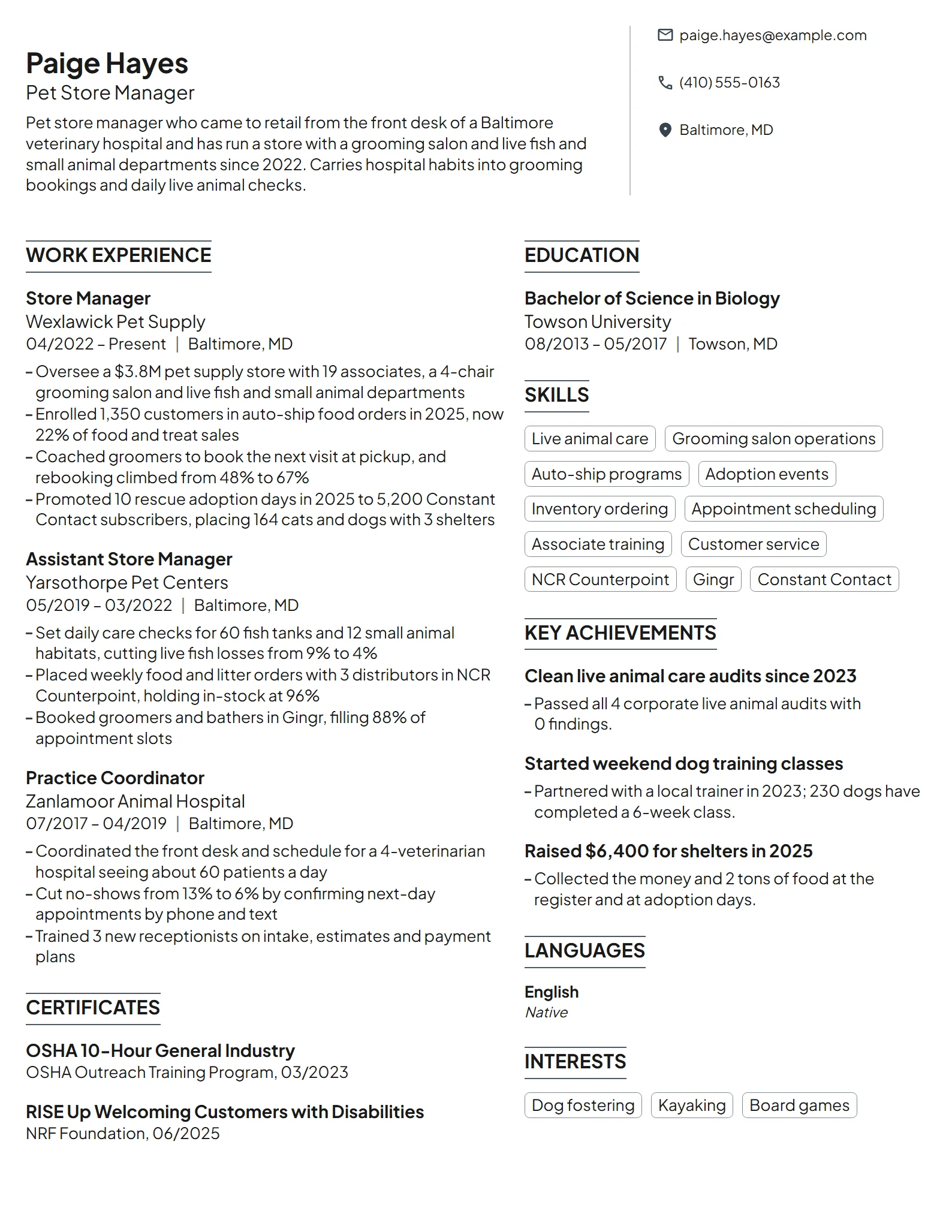 Pet Store Manager resume example