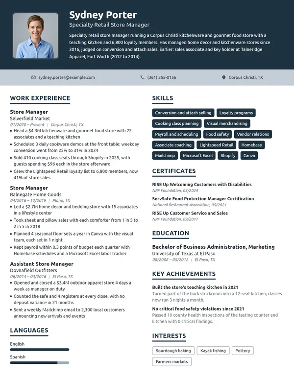 Specialty Retail Store Manager resume example