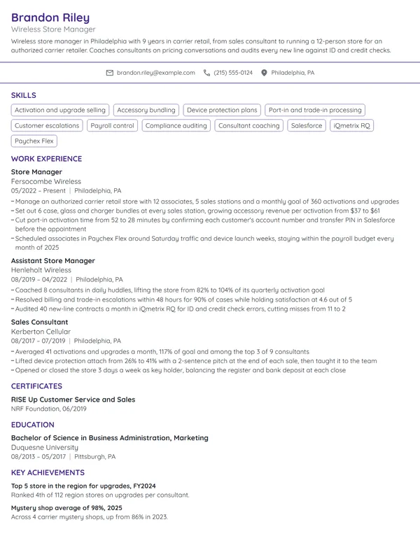 Wireless Store Manager resume example
