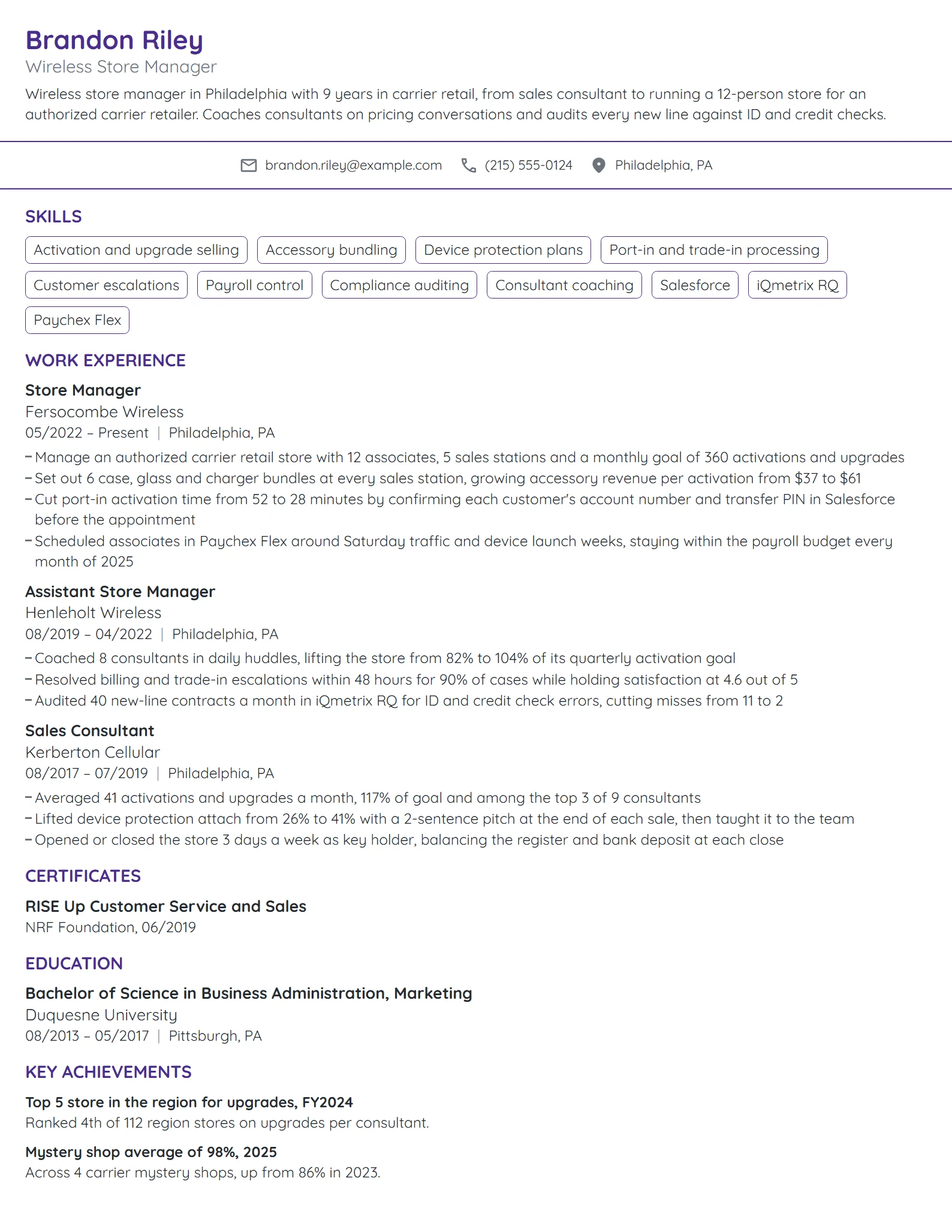 Wireless Store Manager resume example